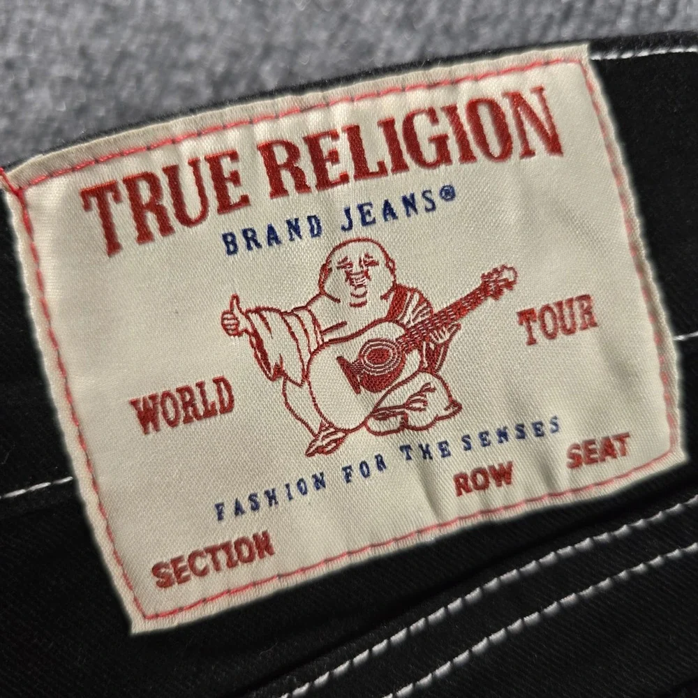 NWT True Religion Ricky Relaxed Straight Jeans Rinse Black Contrast Stitch 36